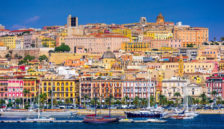 panoramic view of the coast and the cityscape of Cagliari in Sardinia, Italy