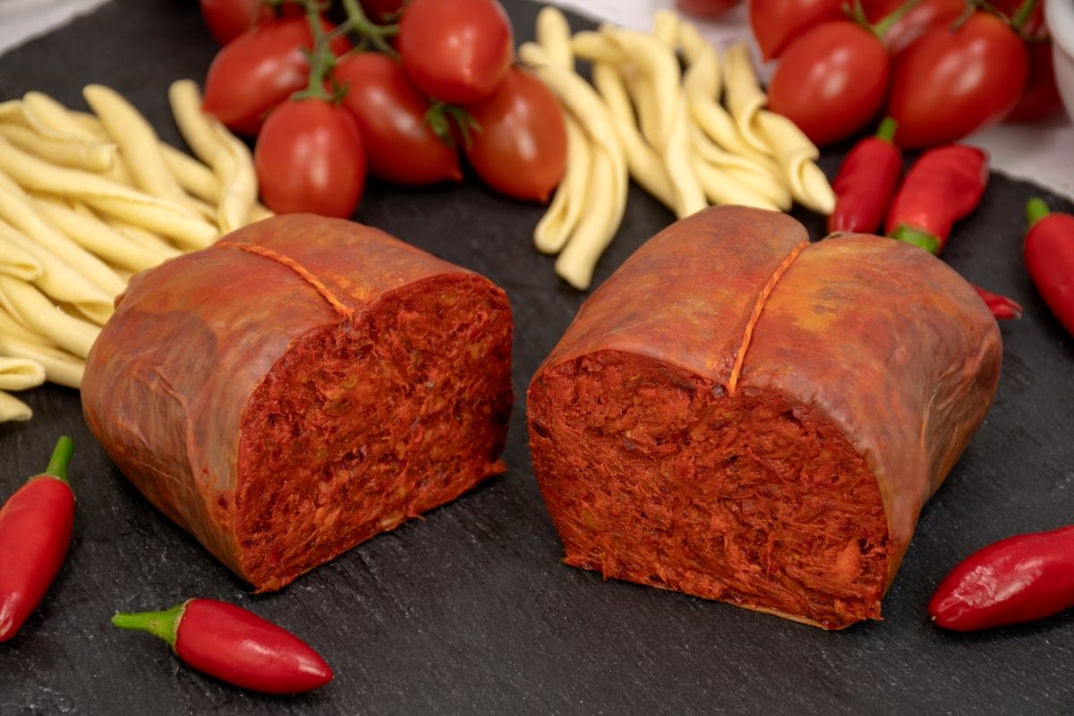 Close-up of the Calabrian nduja, a spicy, spreadable pork sausages