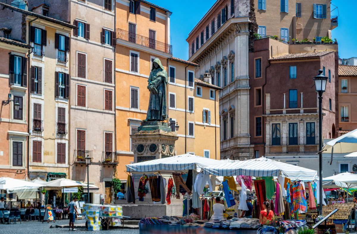 Giordano Bruno monument and the Campo de’ Fiori in Rome, Italy