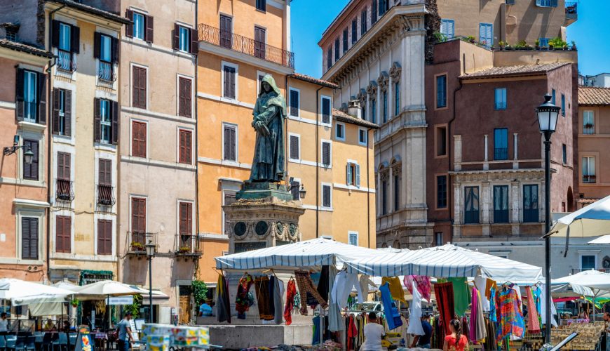 Giordano Bruno monument and the Campo de’ Fiori in Rome, Italy