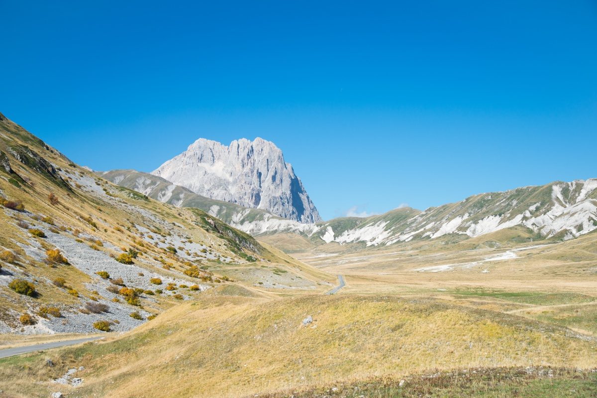 Panoramic view of the Campo Imperatore plateau and the Gran Sasso mountains in Italy