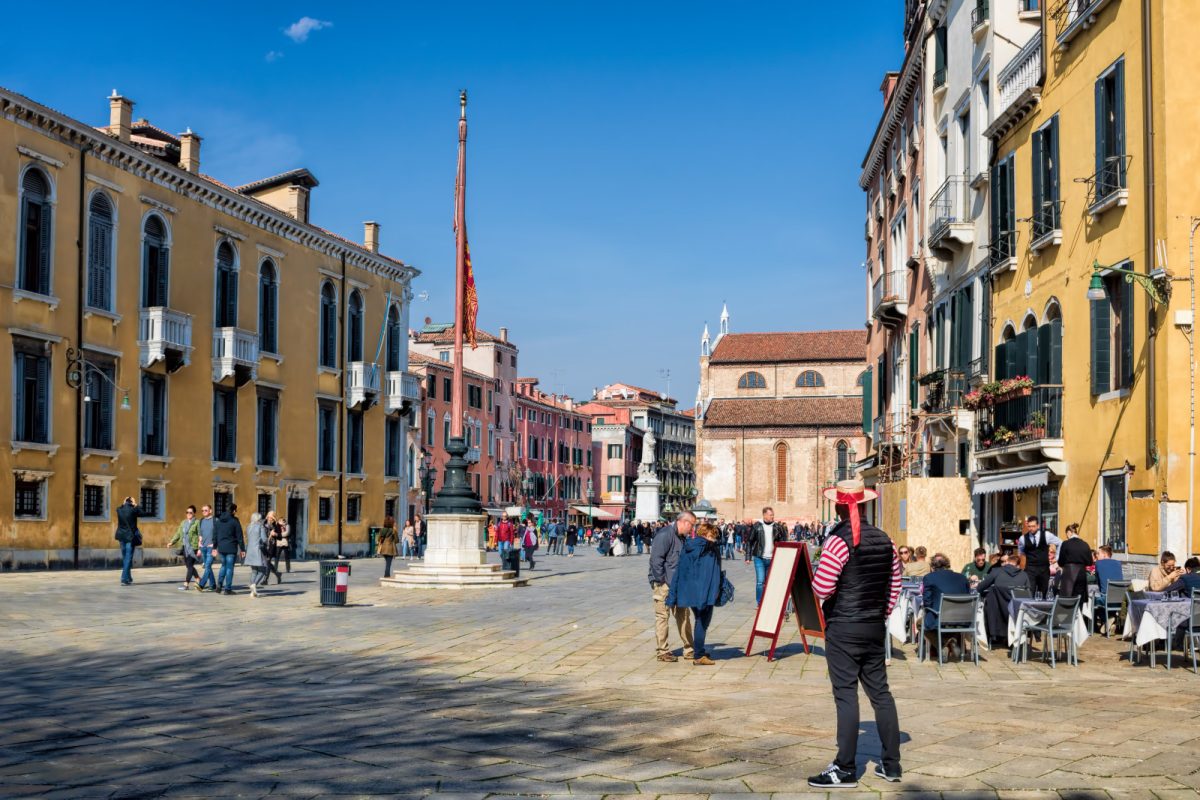 Busy grounds of Campo Santo Stefano in Venice, Italy