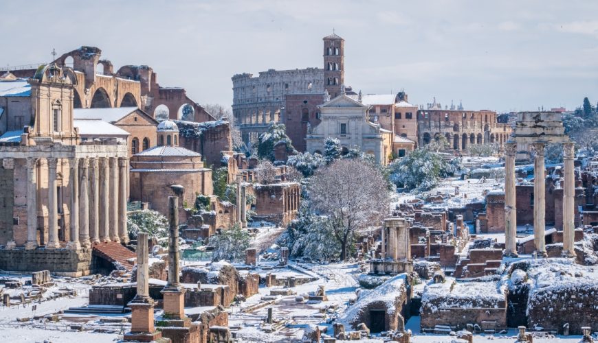 Capitoline Hill and the Roman Forum in Rome, Italy covered in snow