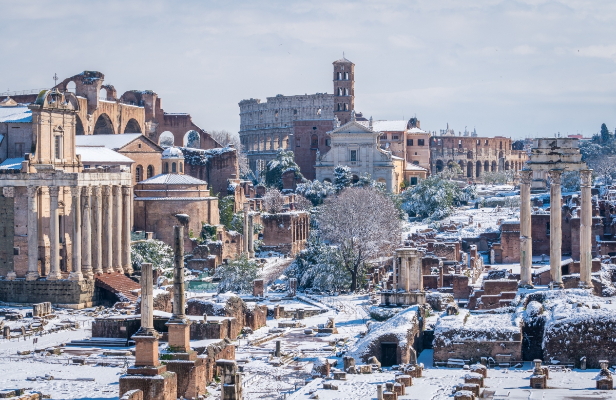 Capitoline Hill and the Roman Forum in Rome, Italy covered in snow