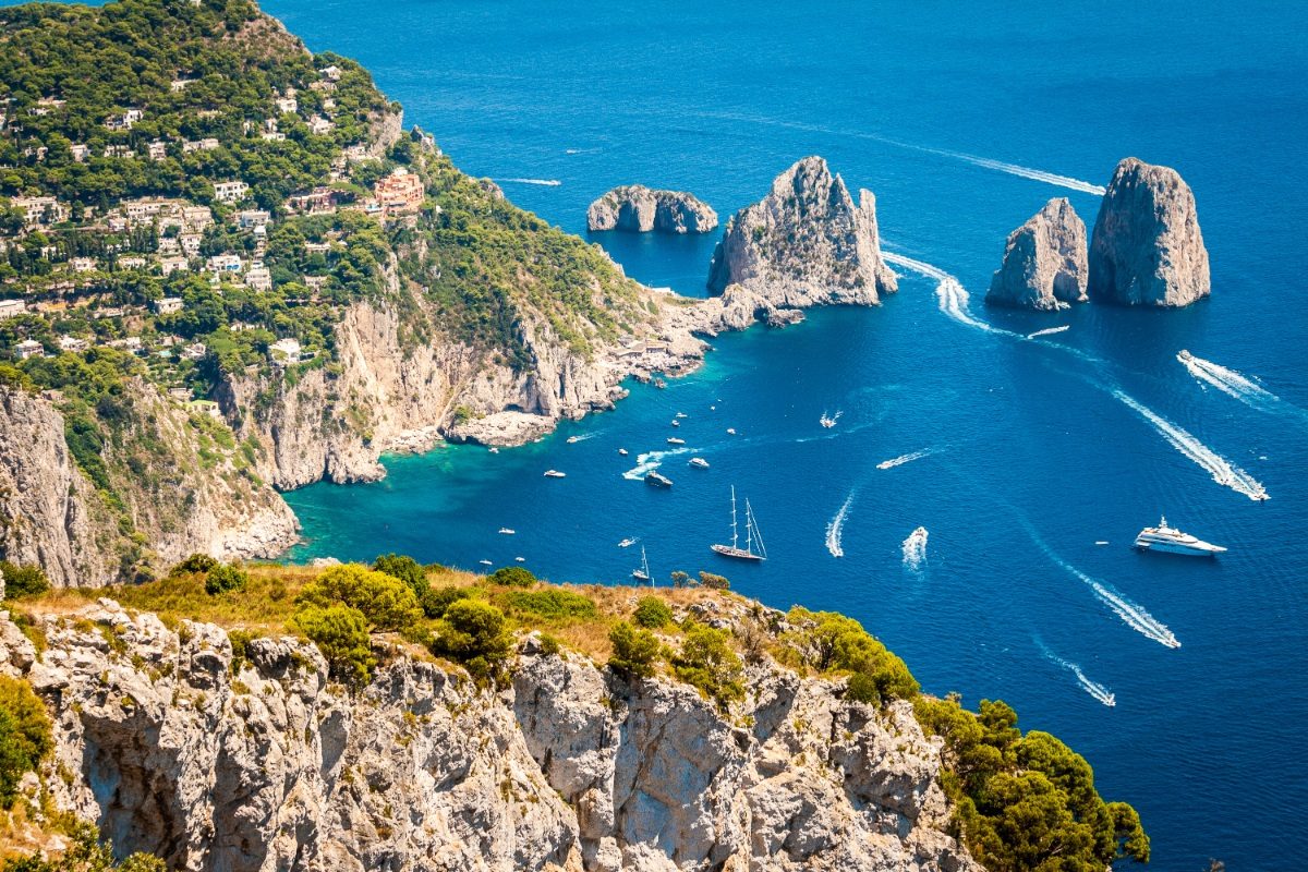 Aerial view of the Faraglioni at Capri Mediterranean sea in Italy