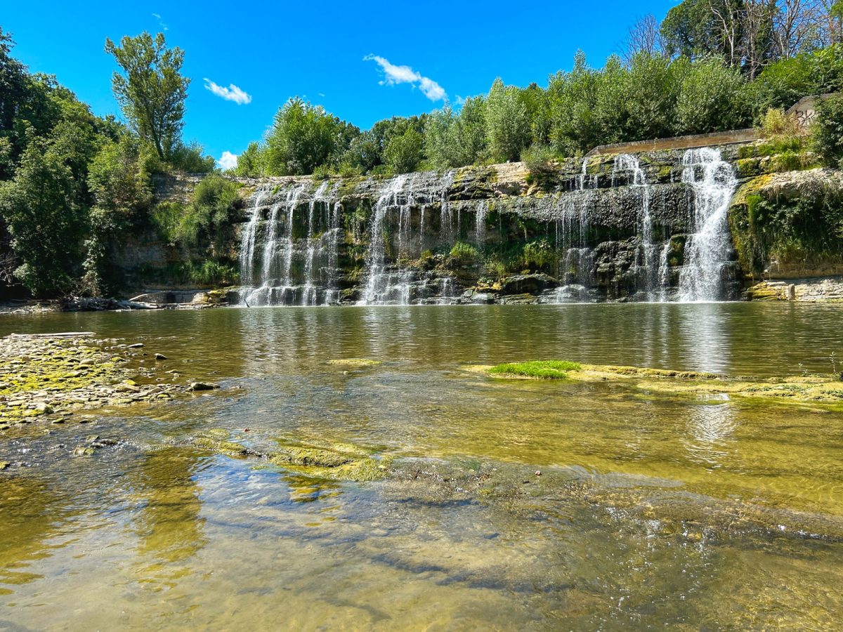 Panoramic view of the Cascata del Sasso waterfall in Marche region, Italy