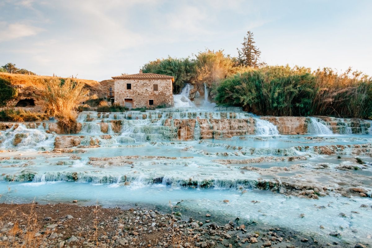 Panoramic view of the Cascate del Mulino-Hot Spring group of springs in Terme Di Saturnia, Italy