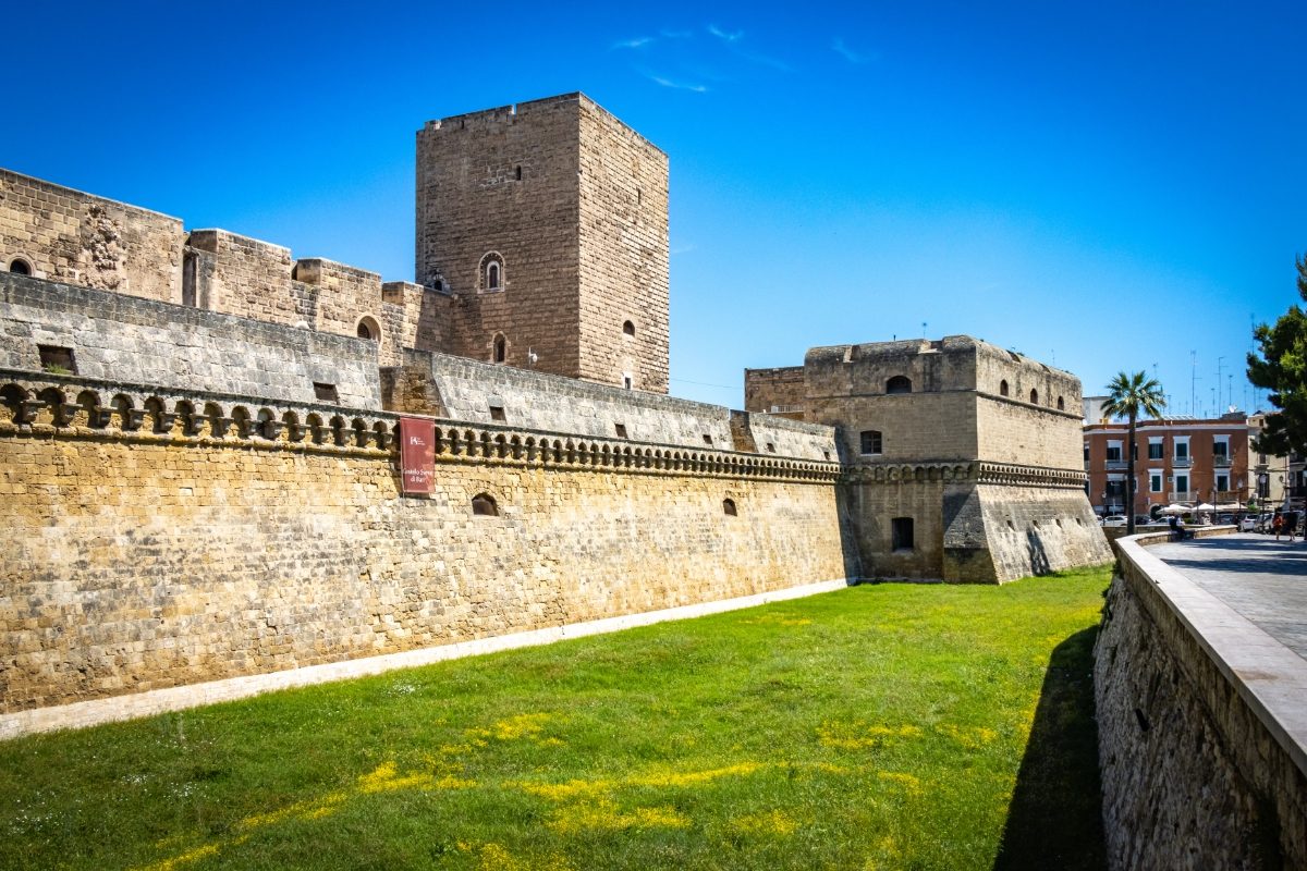 Moat and the exterior of Castello Normanno-Svevo or the Norman-Swabian Castle in Bari, Puglia, Italy 