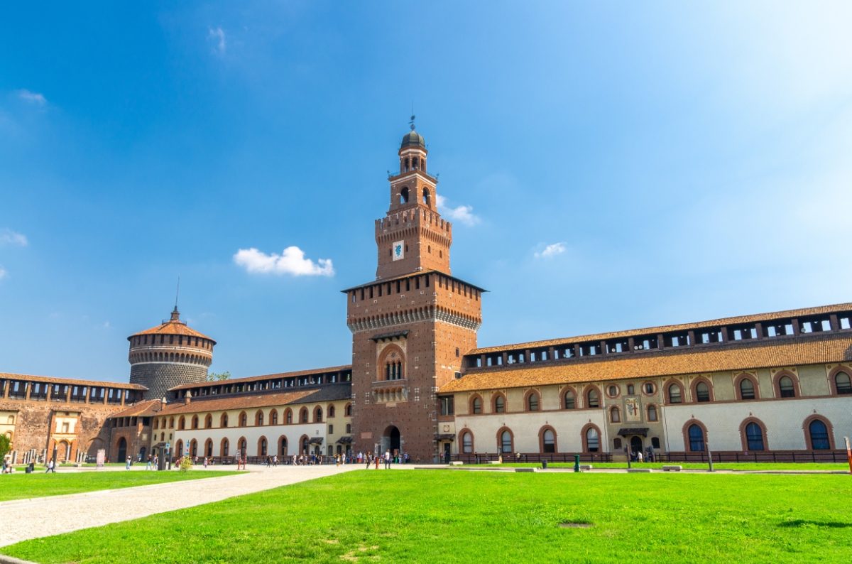 Panoramic view of the Castello Sforzesco facade and exterior in Milan, Italy