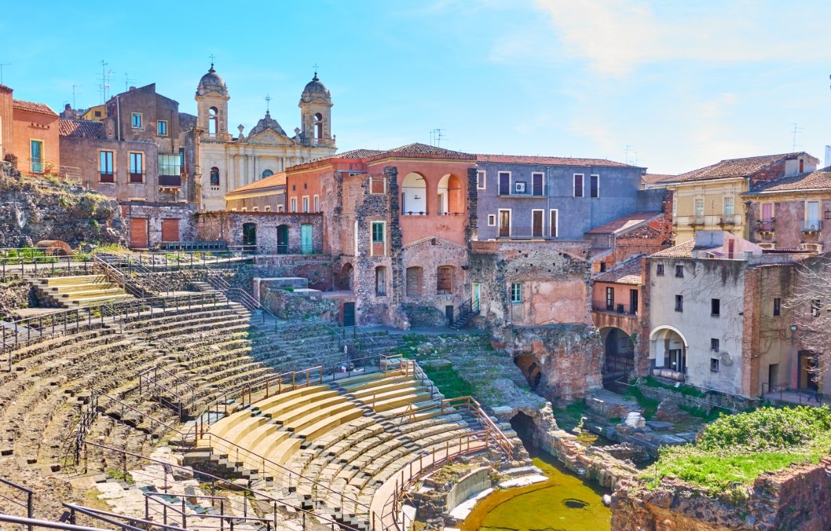 Panoramic view of the Catania Roman Amphitheater in Catania, Sicily, Italy