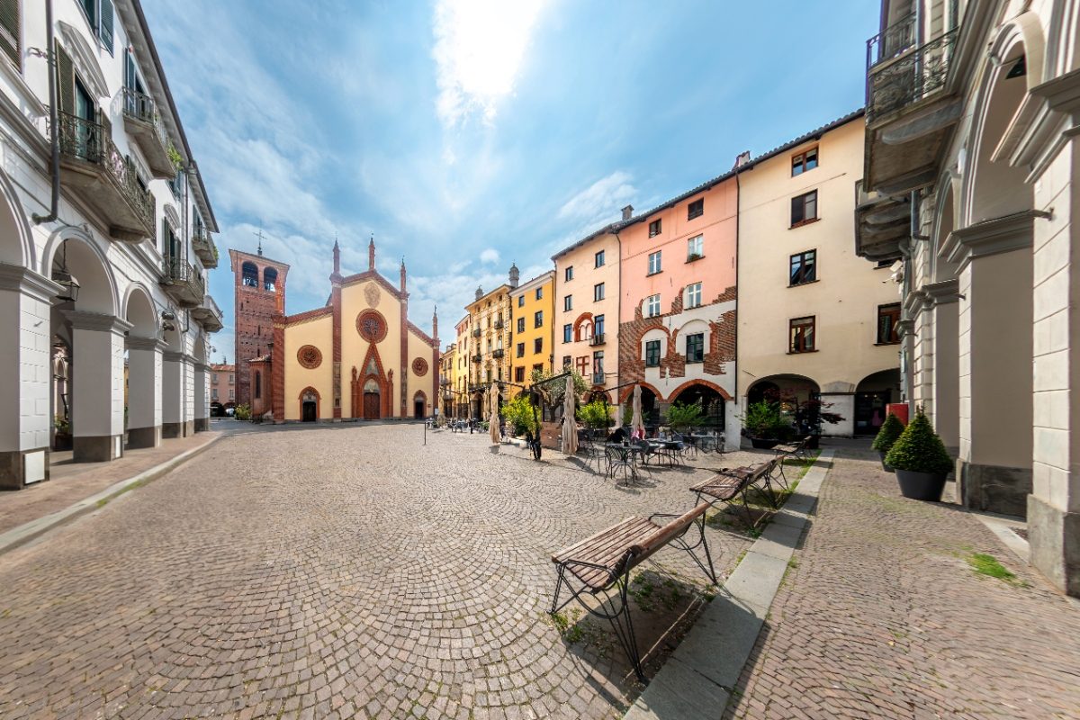 San Donato square and the Cattedrale di San Donato in Turin, Italy