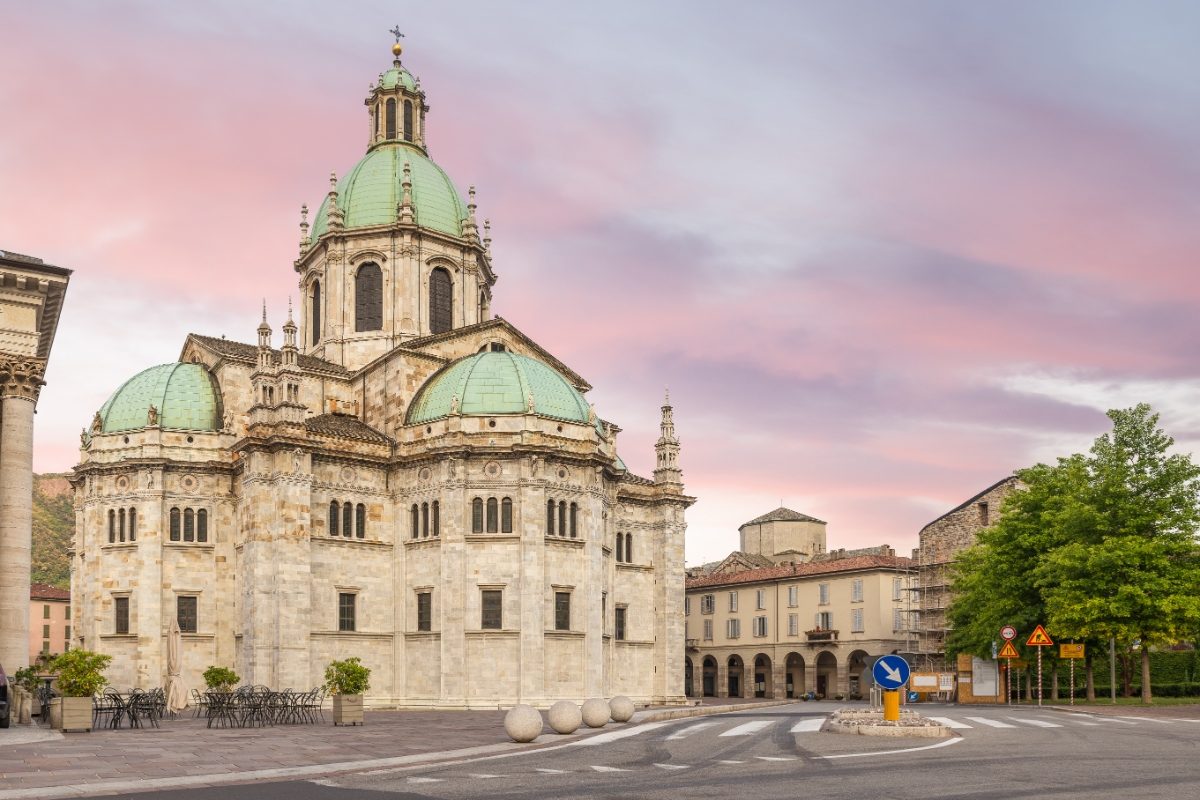 Exterior and the architecture of the Cattedrale di Santa Maria Assunta or the Como Cathedral in Como, Italy