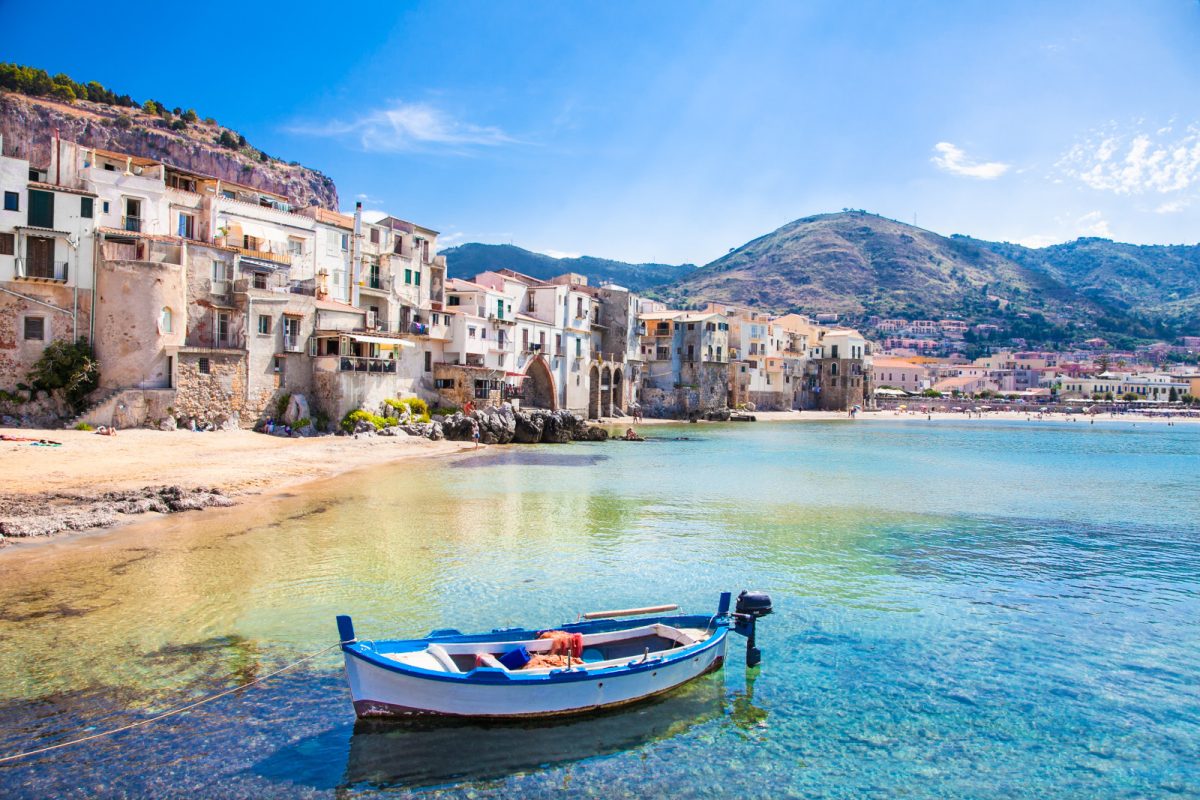 Panoramic view of the houses and villas at the harbor in Cefalu, Sicily