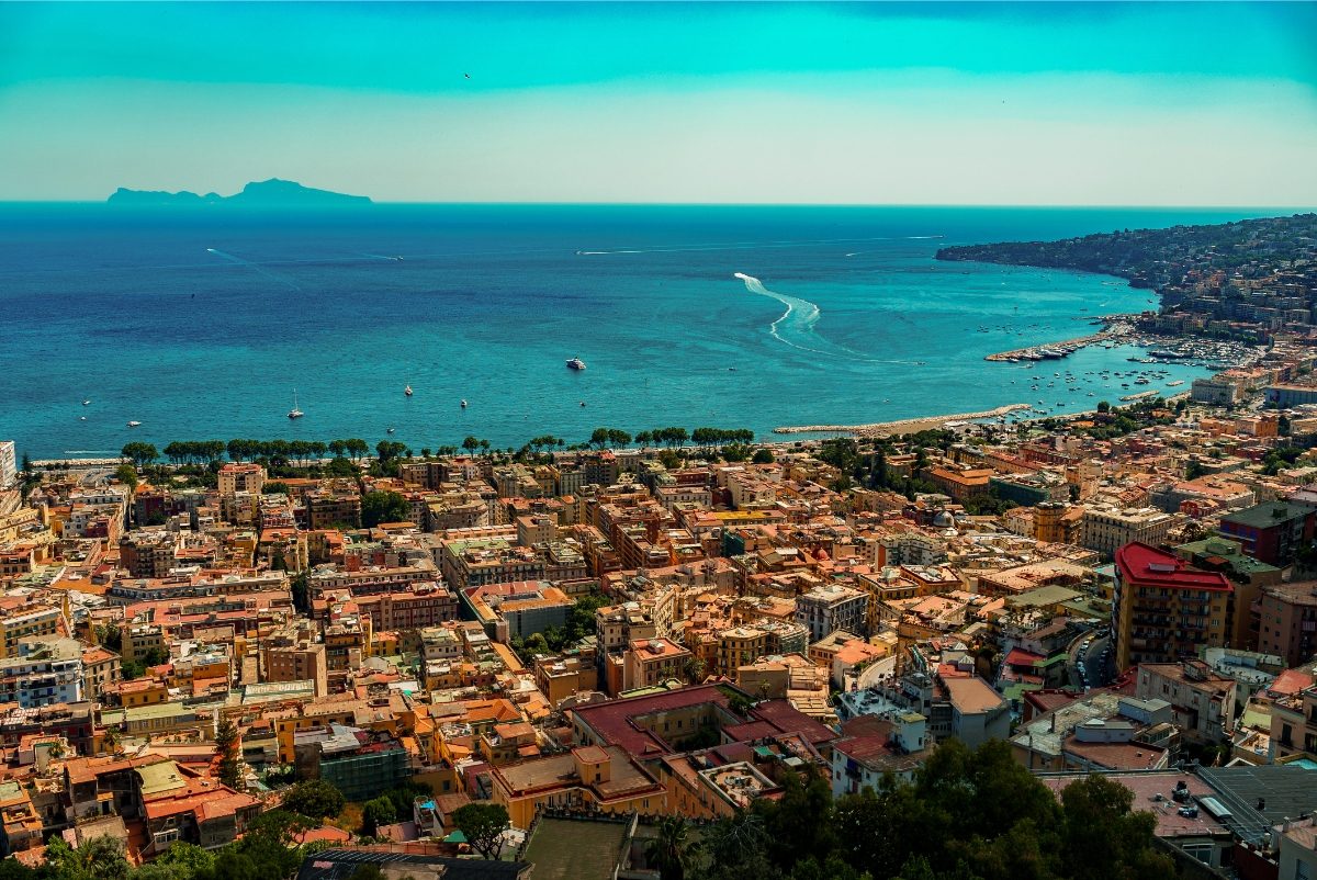 Aerial view of the Chiaia neighbourhood seafront in Naples, Italy