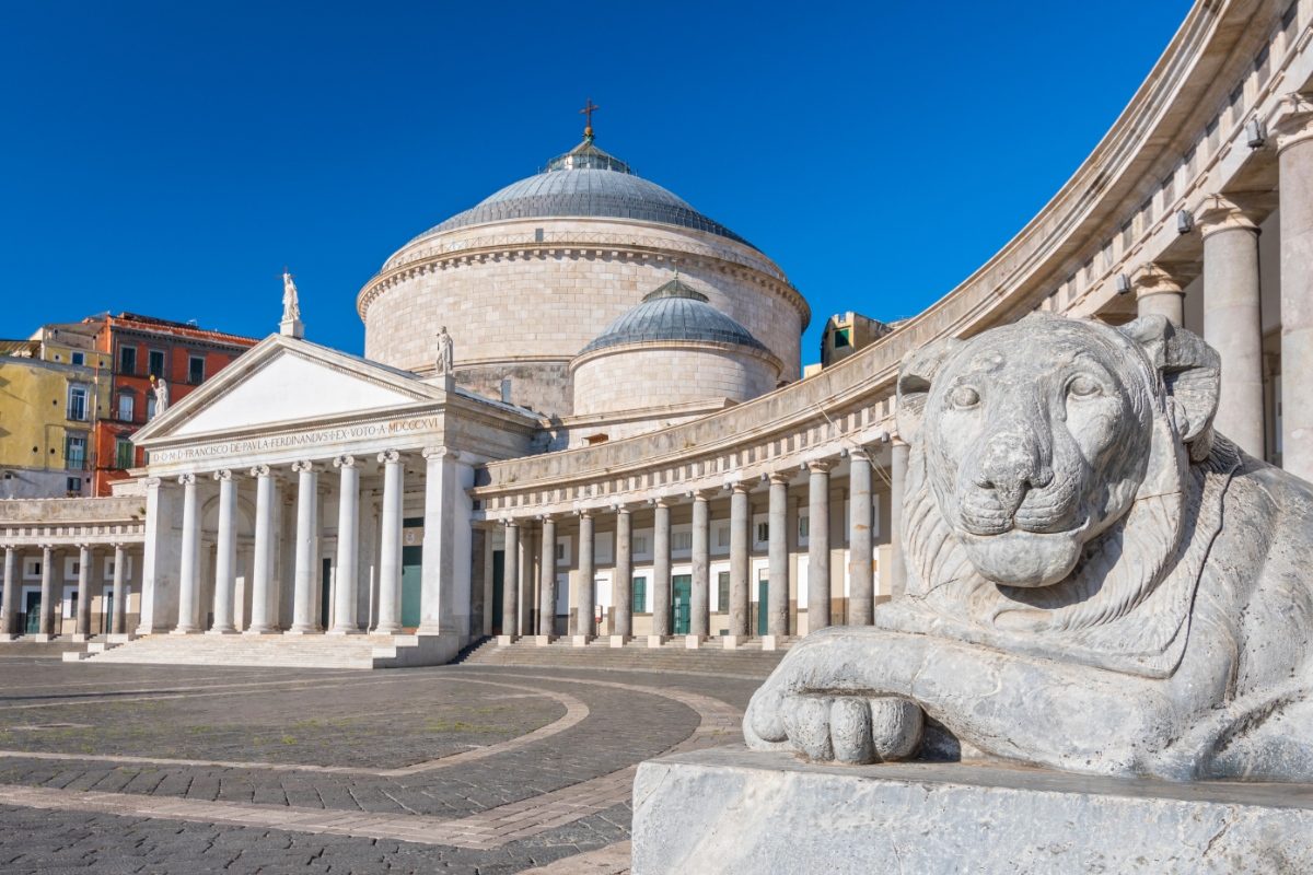 Panoramic view of the Church of San Francesco di Paola, or the Basilica di San Francesco di Paola in Piazza del Plebiscito, Naples, Italy