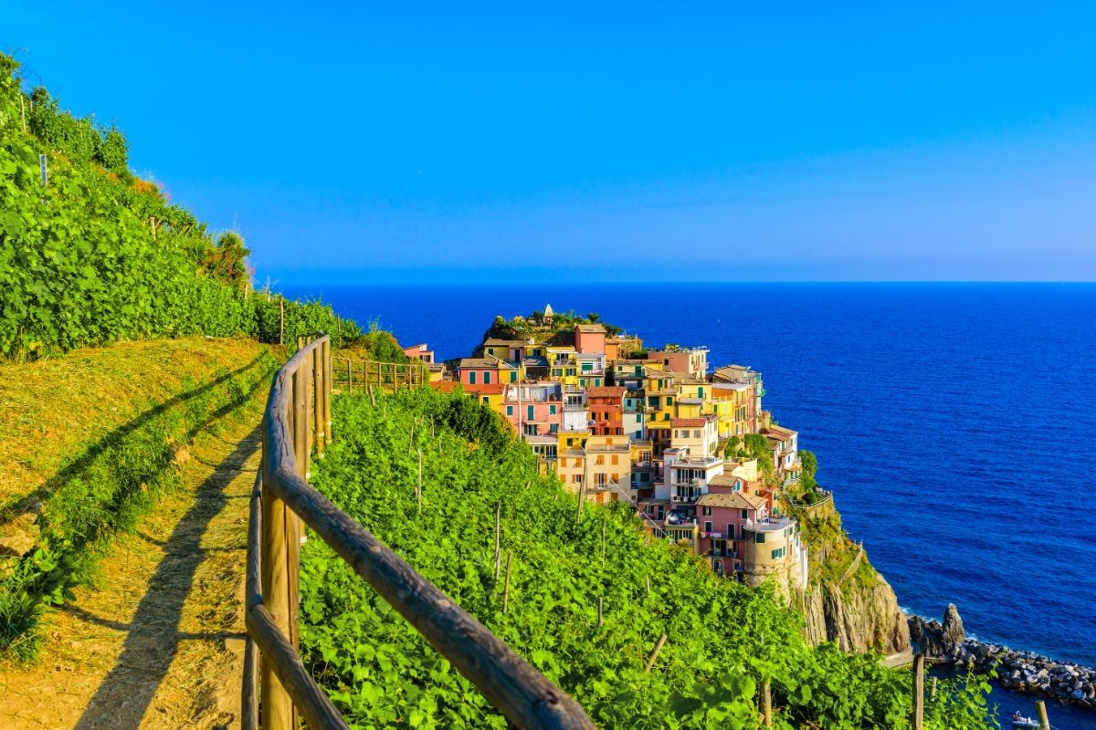 Hiking trail with the beautiful Manarola village scenery in Cinque Terre National Park, Italy