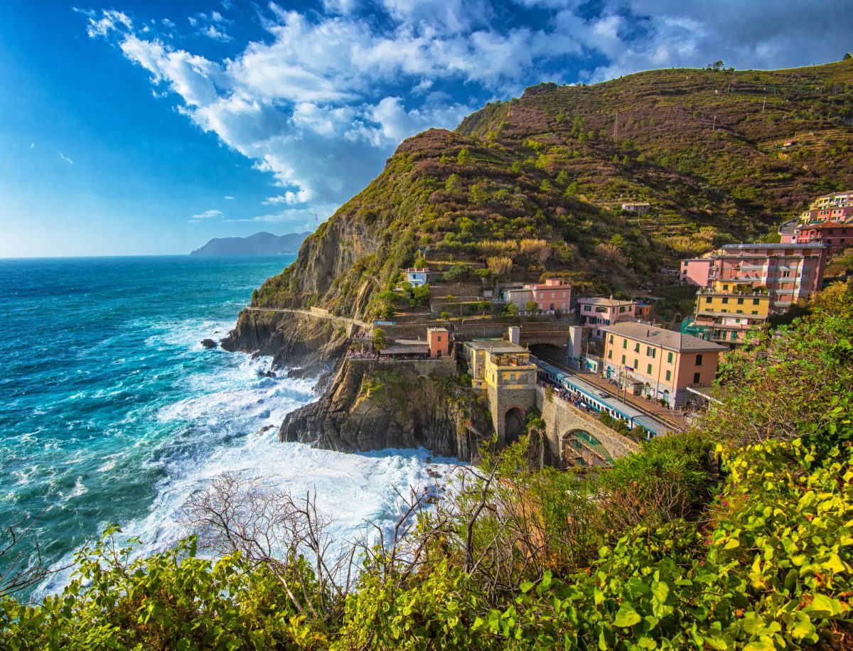 Aerial view of the Manarola railway station in Cinque Terre, Italy