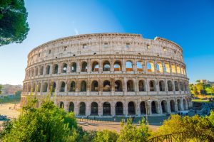 Close-up view at the Colosseum historical landmark in Rome, Italy