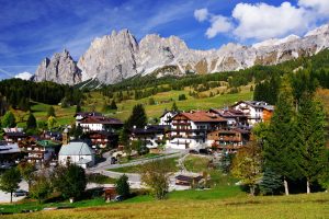 Panoramic view of the Cortina d'Ampezzo resort, the Pearl of the Dolomite in Italy