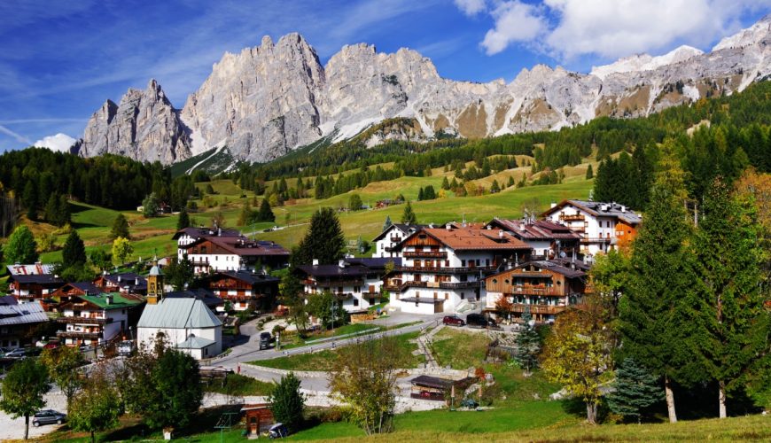 Panoramic view of the Cortina d'Ampezzo resort, the Pearl of the Dolomite in Italy