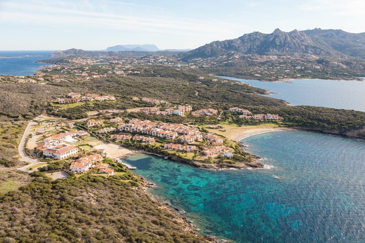 Aerial view of the Cala Granu Bay Porto Cervo at Costa Smeralda in Sardinia, Italy