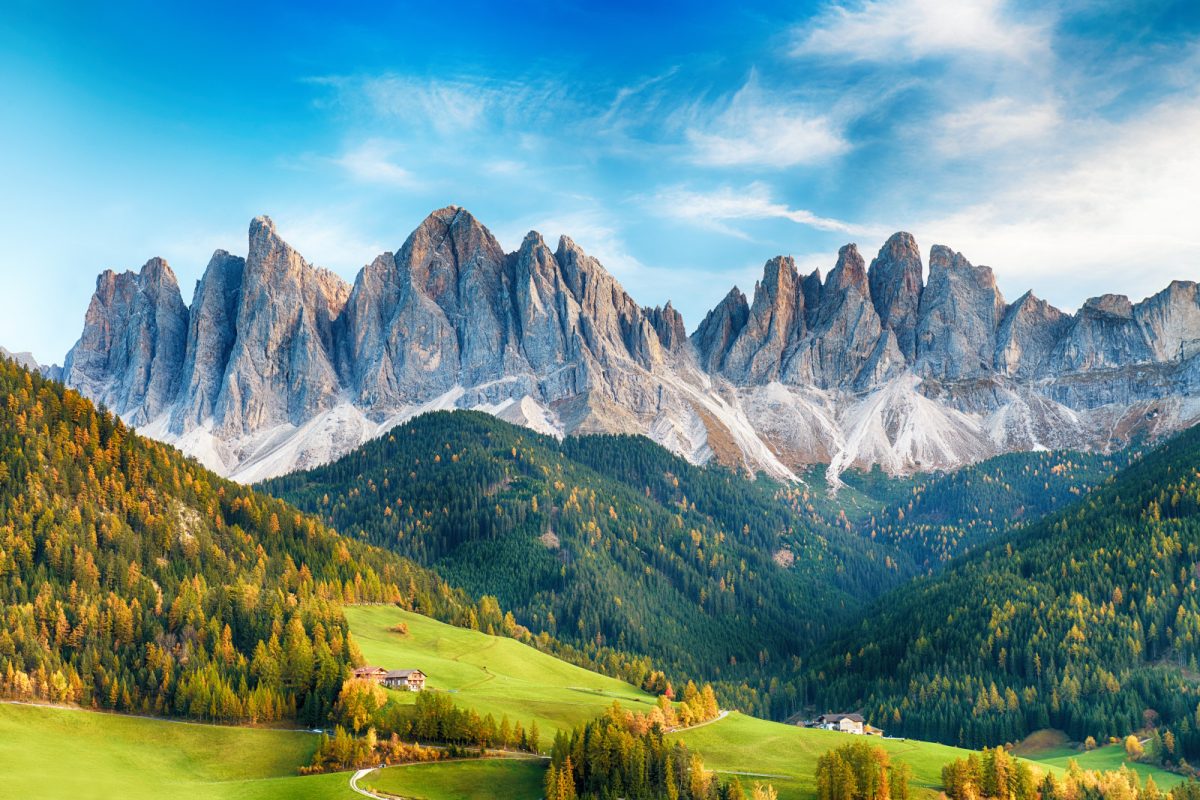 Santa Maddalena, Dolomites, Italy panoramic view and landscape