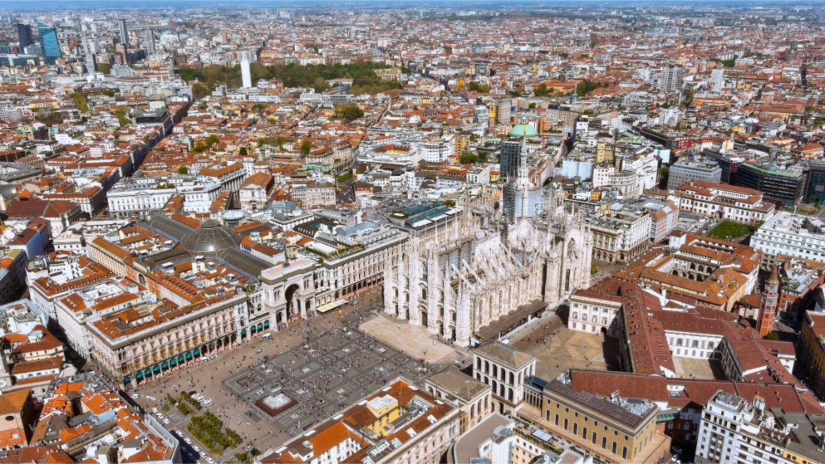 Aerial view of the majestic Duomo Square in Milan in Italy