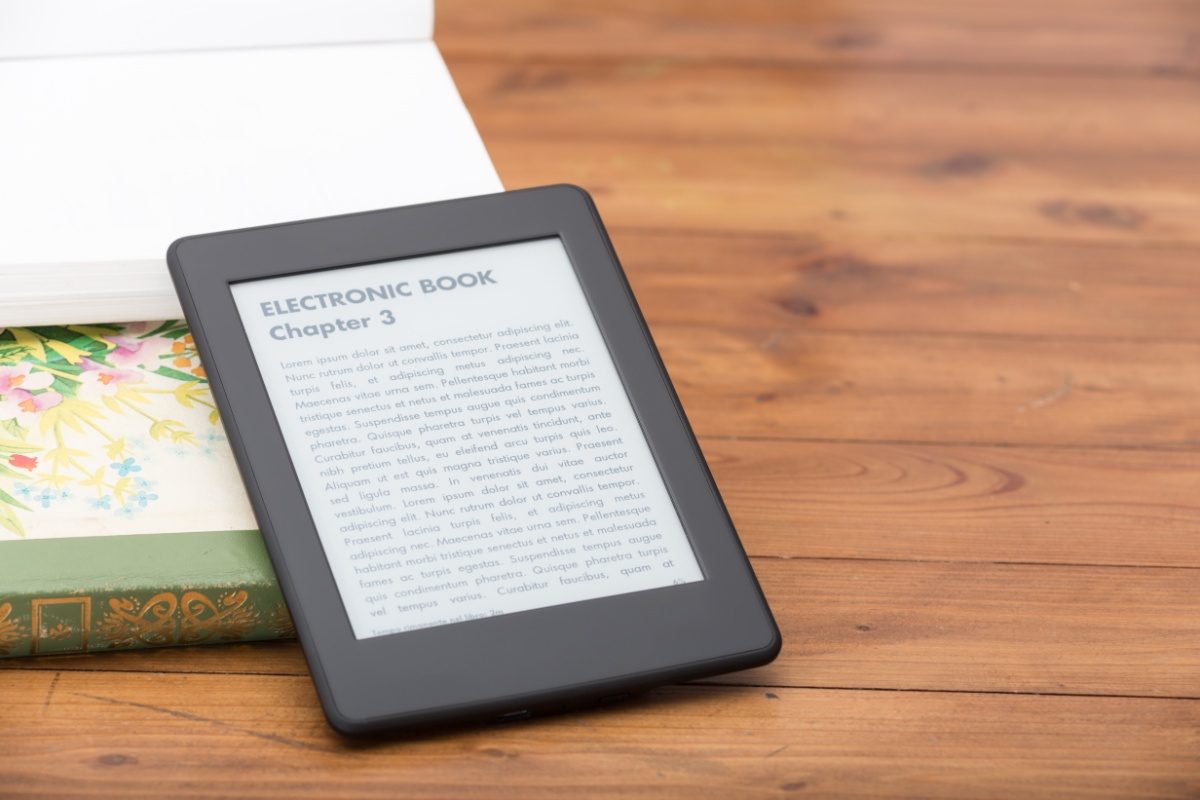 Close-up of the E-book reader on a table