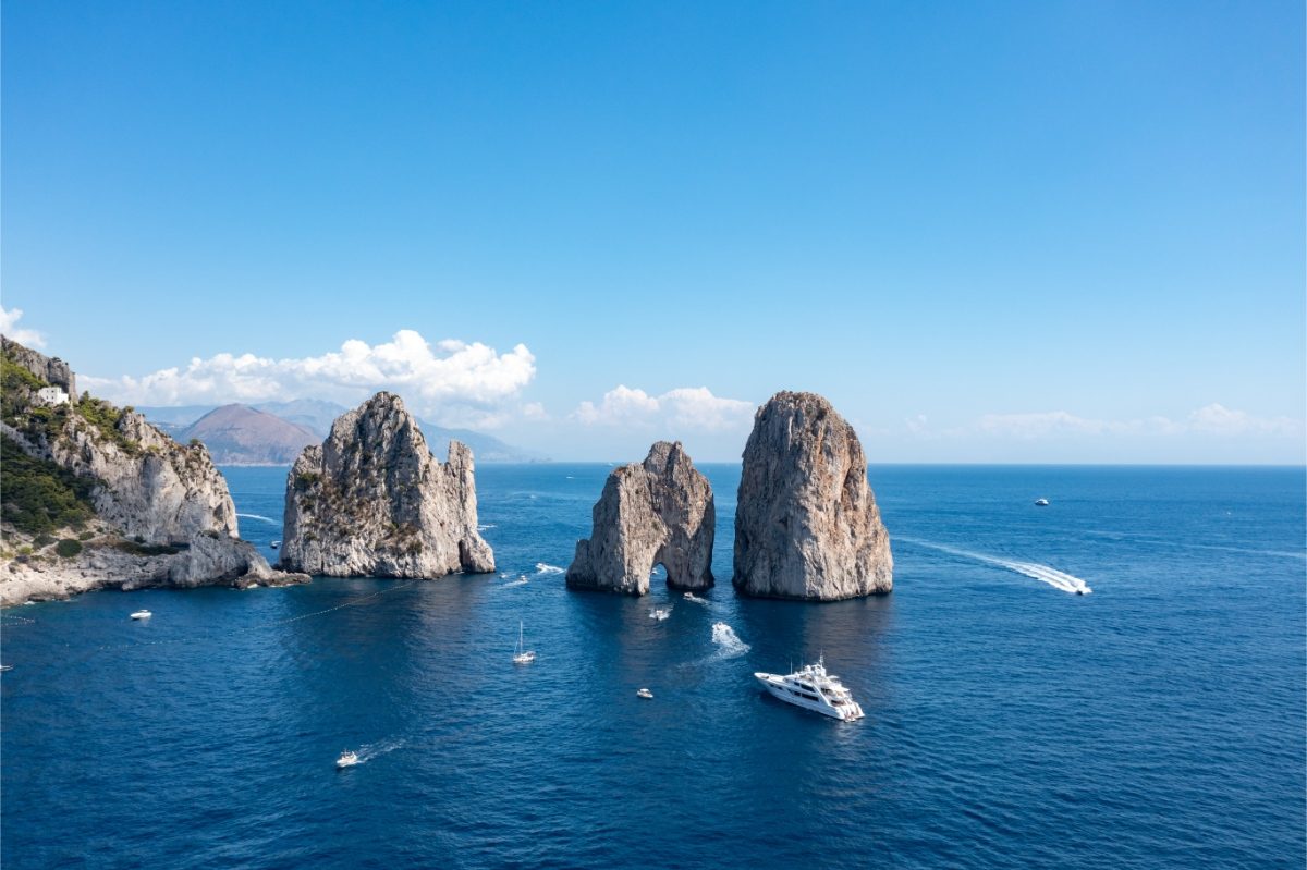 Panoramic view of the iconic Faraglioni rock formations on the island of Capri, Italy