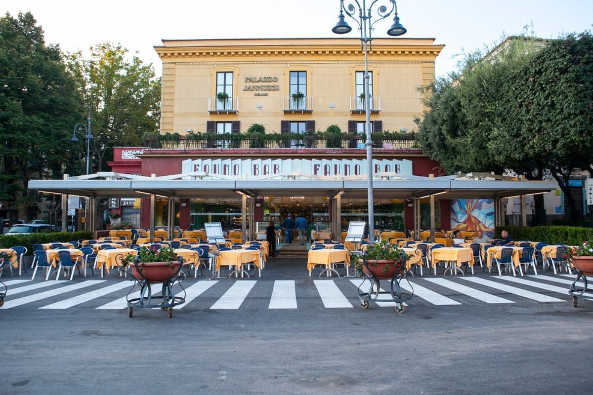 Exterior and the outdoor seating of Fauno Bar in Sorrento, Italy