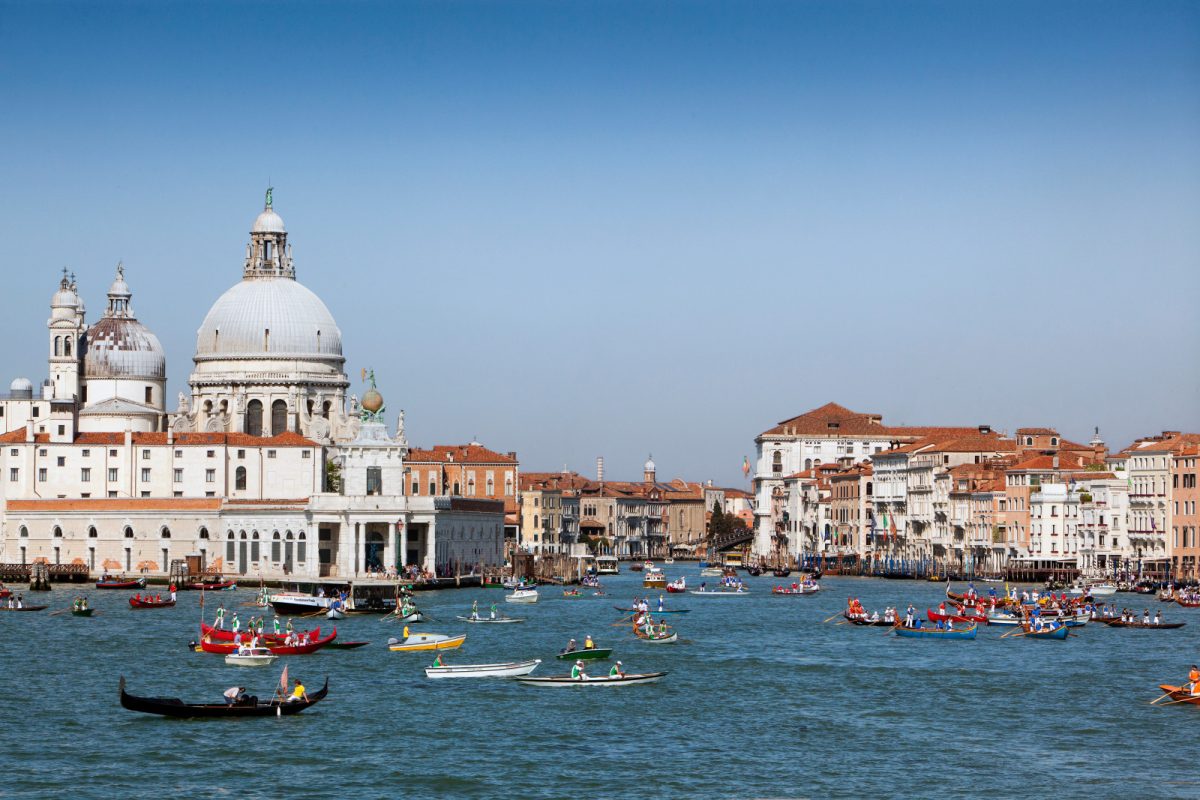 Panoramic view of the rowing boats water parade in Venice, Italy