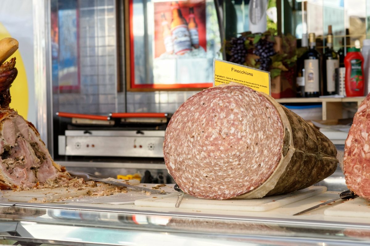 Close-up of the finocchiona Tuscany salami at a market