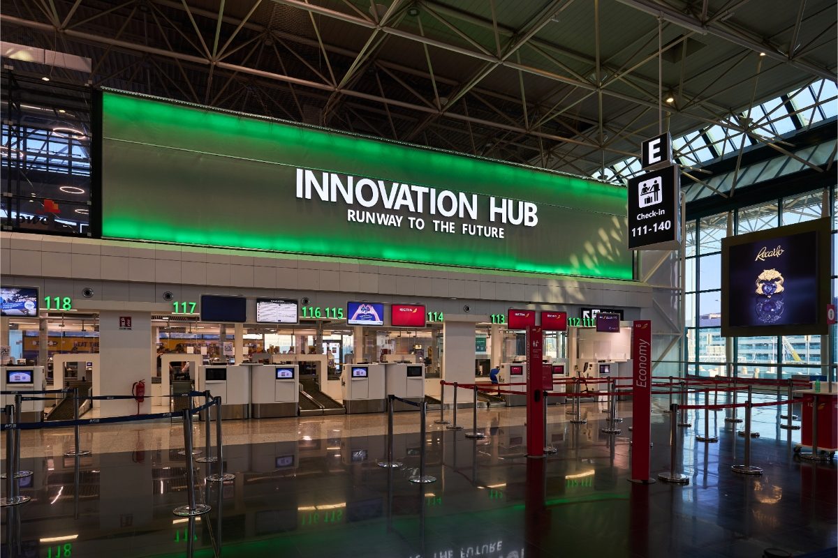 Empty Check-in desks located at Fiumicino Airport in Rome, Italy