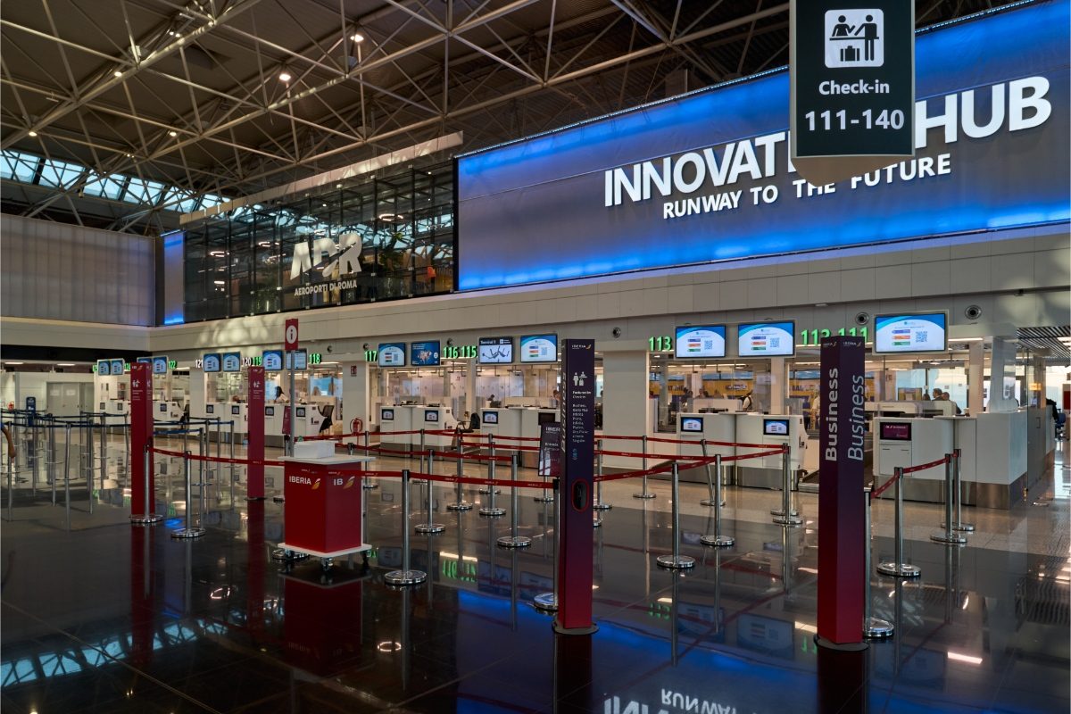 Check-in desks at Fiumicino International Airport in Rome, Italy