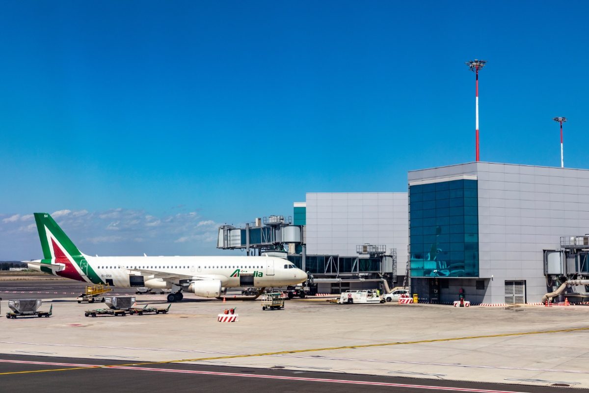 Alitalia Airbus A320 parked at Fiumicino International Airport in Rome, Italy