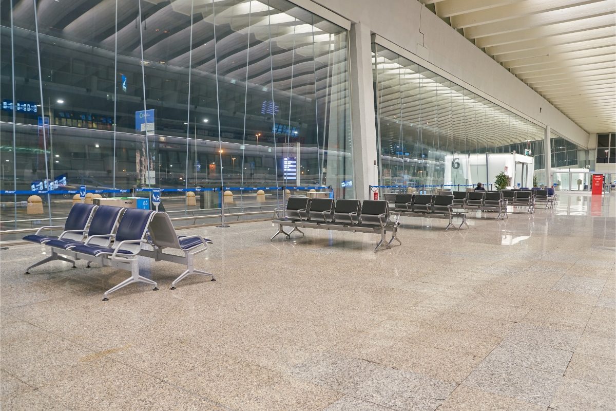 Interior and seats of the Leonardo da Vinci International Airport or the Fiumicino International Airport in Rome, Italy