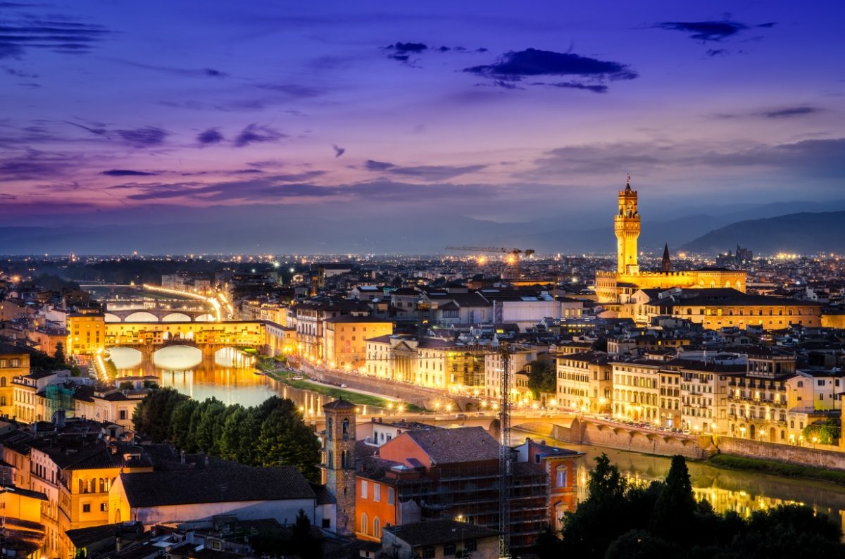 Aerial view of Florence, Italy night lights and skyline