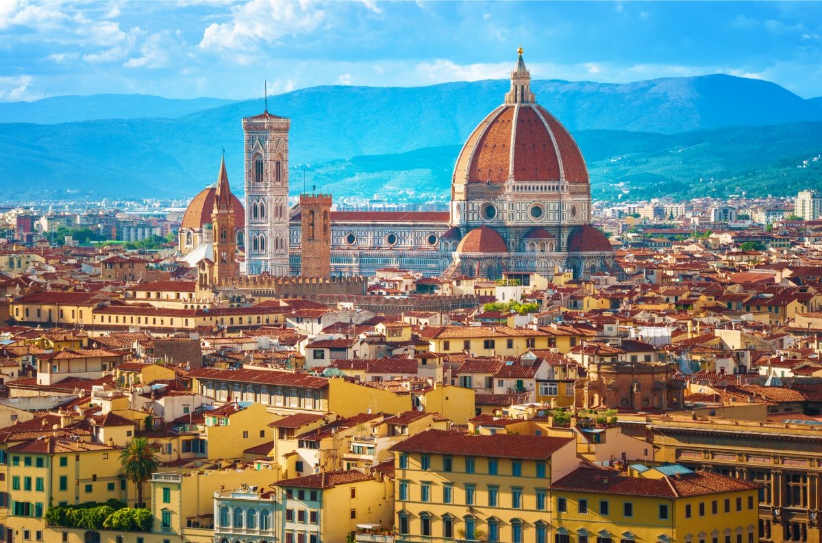 Panoramic view of the Cathedral of Santa Maria del Fiore and Florence, Italy cityscape