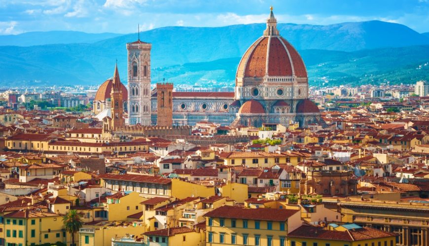 Panoramic view of the Cathedral of Santa Maria del Fiore and Florence, Italy cityscape