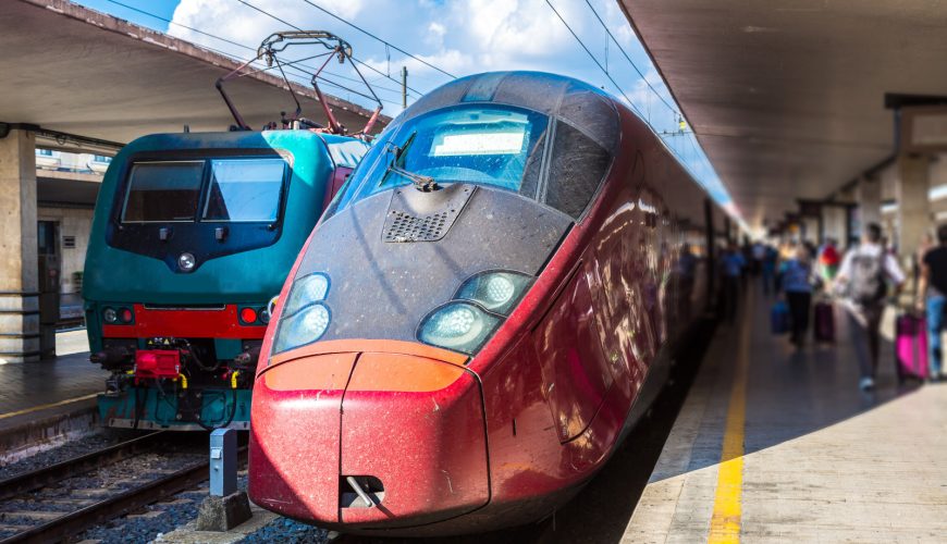 Close-up of a high-speed train at the Santa Maria Novella train station in Florence, Italy