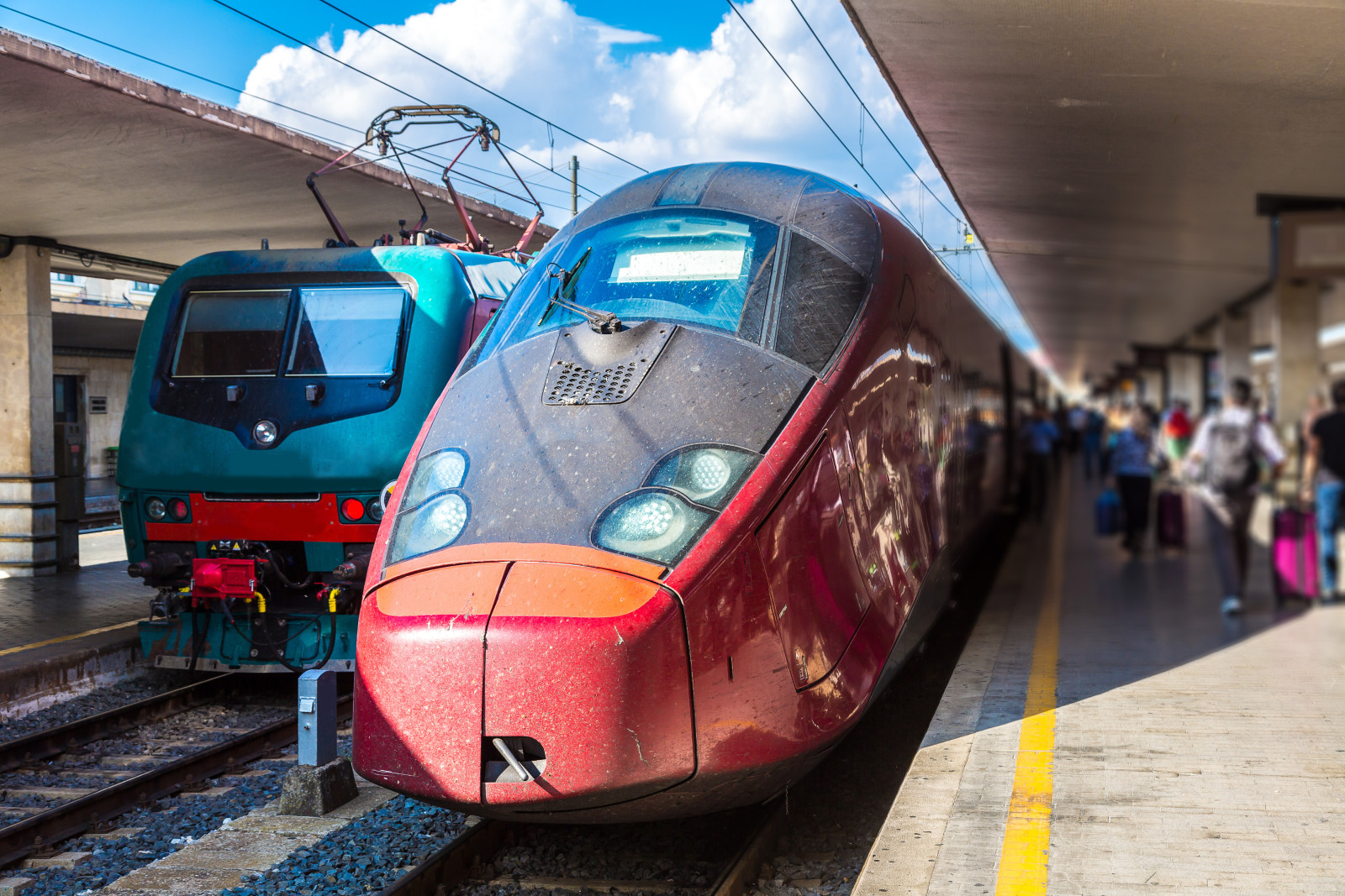 Close-up of a high-speed train at the Santa Maria Novella train station in Florence, Italy