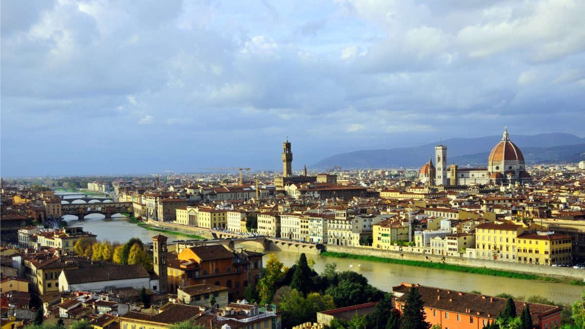 Aerial view of Florence, Italy, showcasing its historic architecture and vibrant cityscape