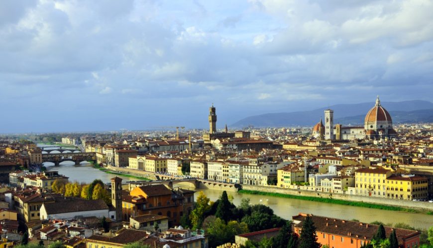 Aerial view of Florence, Italy, showcasing its historic architecture and vibrant cityscape