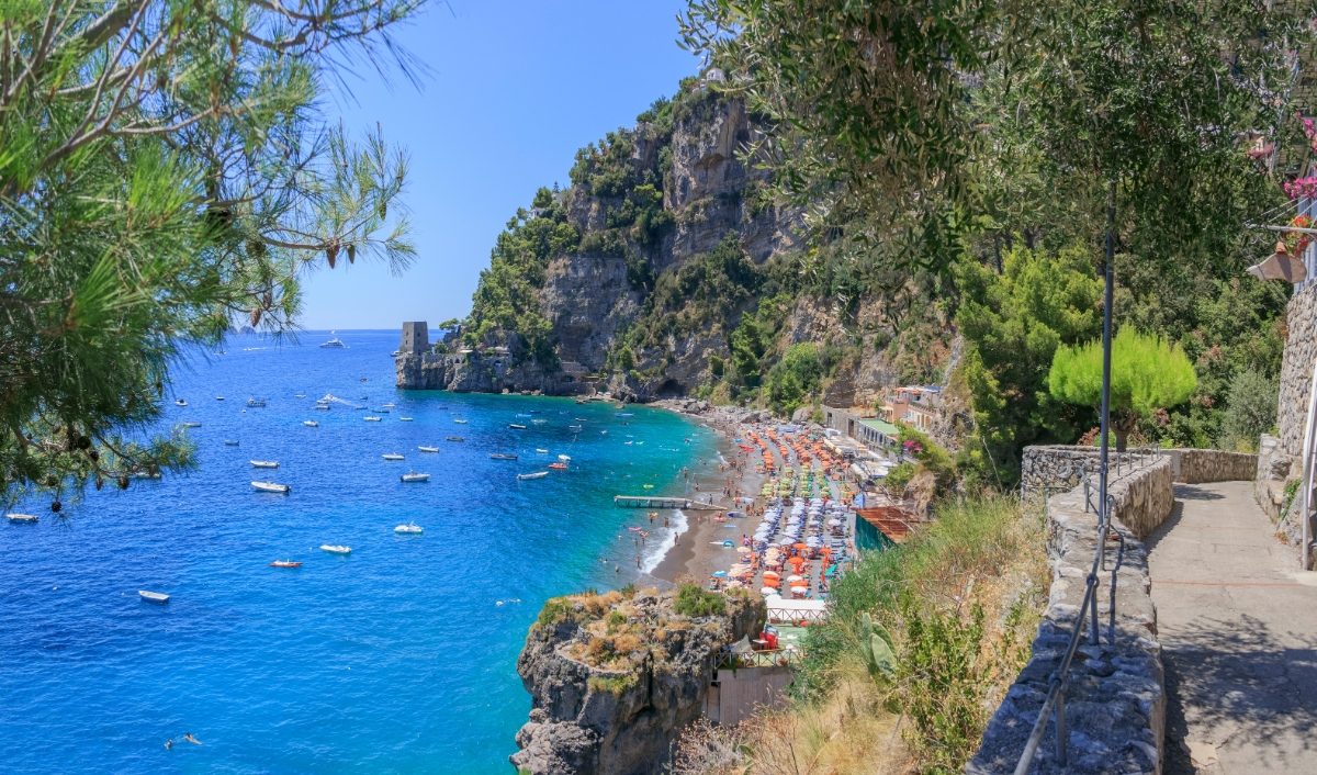 Aerial view of the Fornillo Beach in Positano, Italy