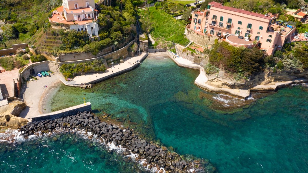 Aerial view of the Gaiola beach at the Posillipo district, in Naples, Italy