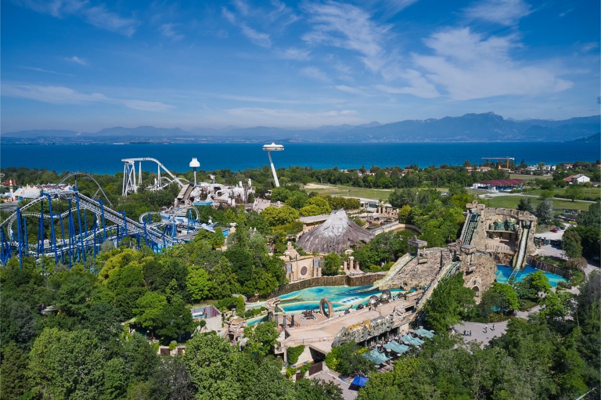 Aerial view of the Gardaland amusement park and the Lake Garda in Italy