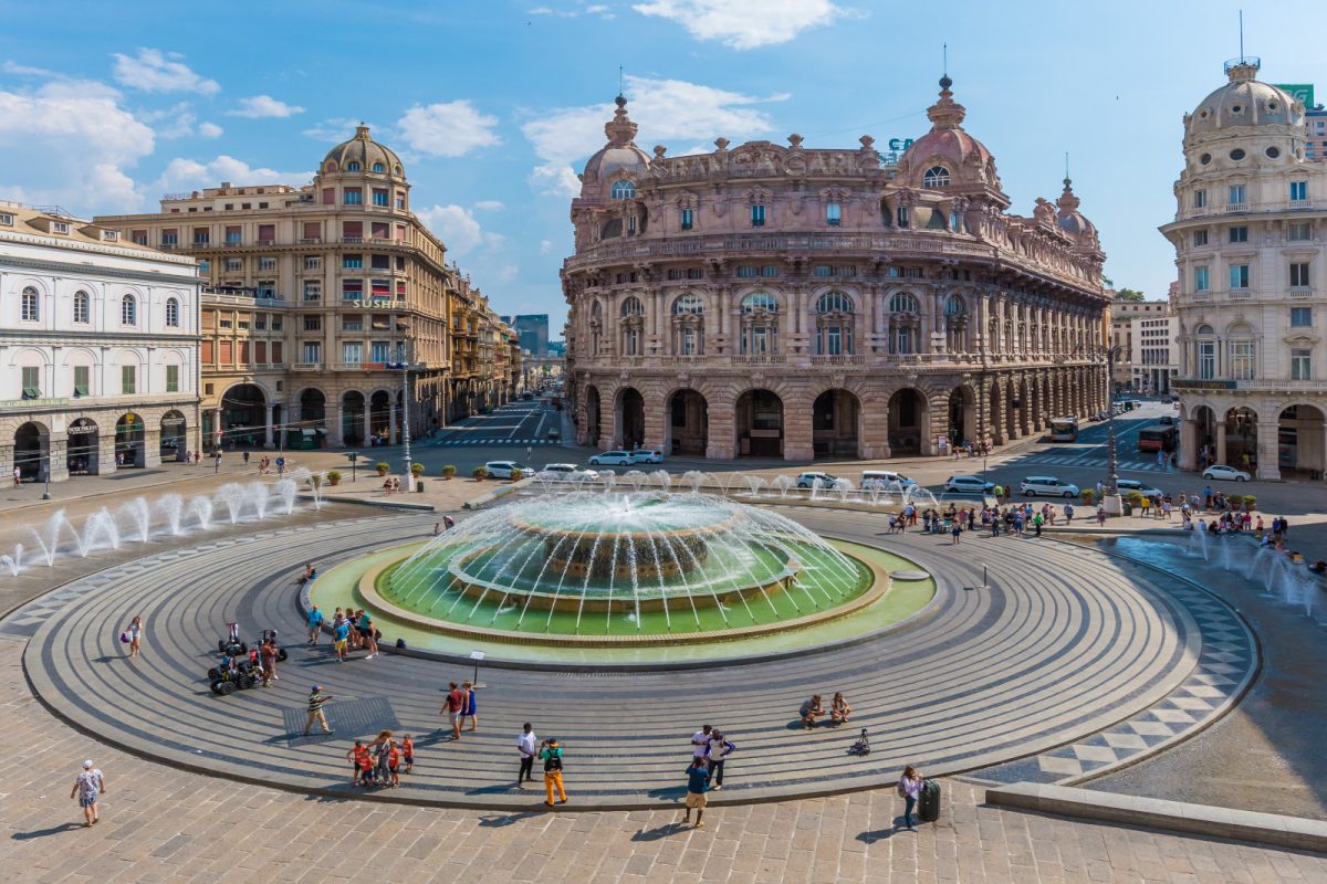 Panoramic view of Piazza De Ferrari in Genoa, Italy