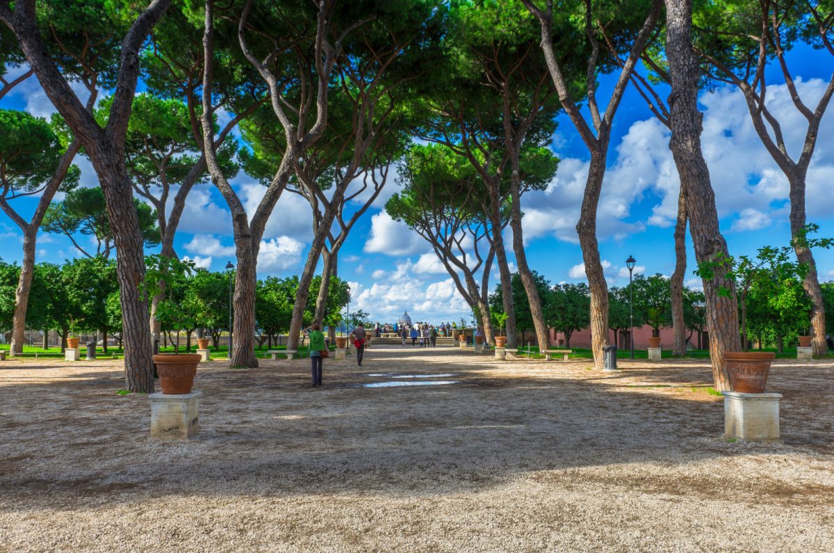 Walkway and trees at the Orange Garden or the Giardino degli Aranci on the Aventine Hill in Rome, Italy