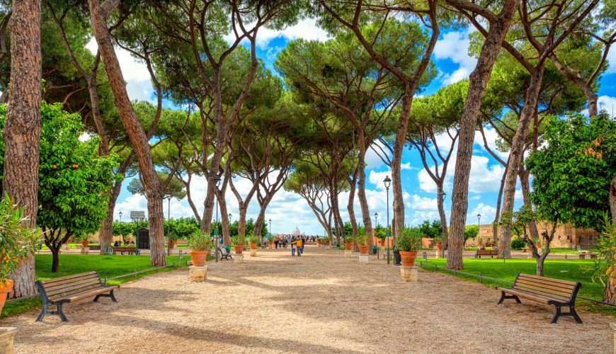 Pathway and benches at Giardino degli Aranci in Rome, Italy