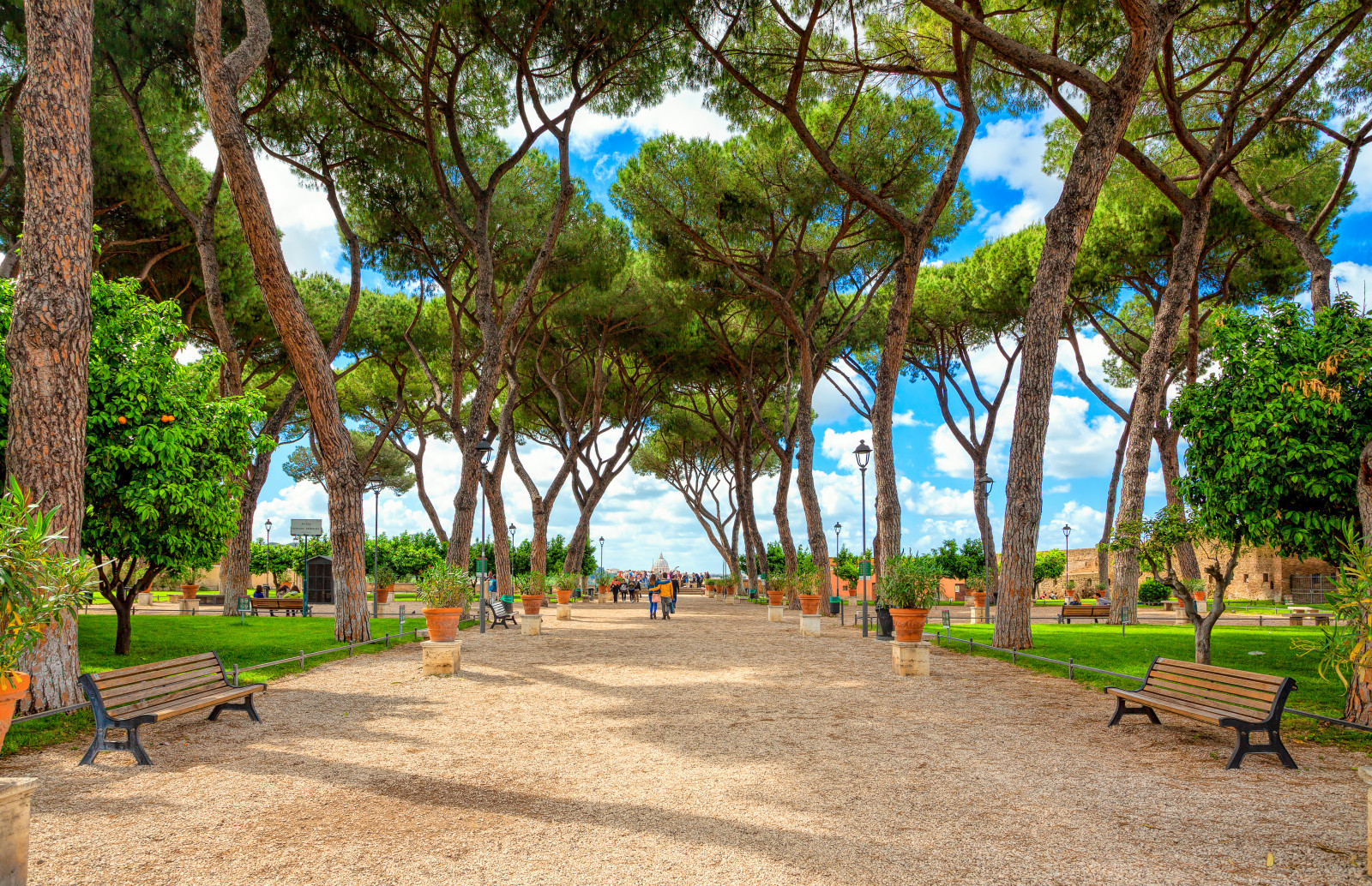 Pathway and benches at Giardino degli Aranci in Rome, Italy